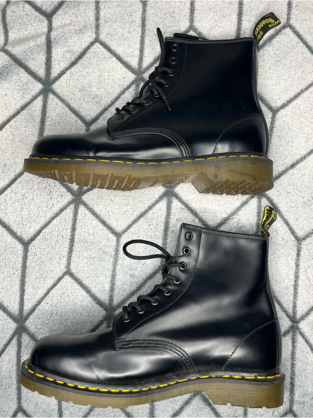 Dr. Martens Black Smooth Leather Lace Up 8-Eye Boots w Yellow Stitching